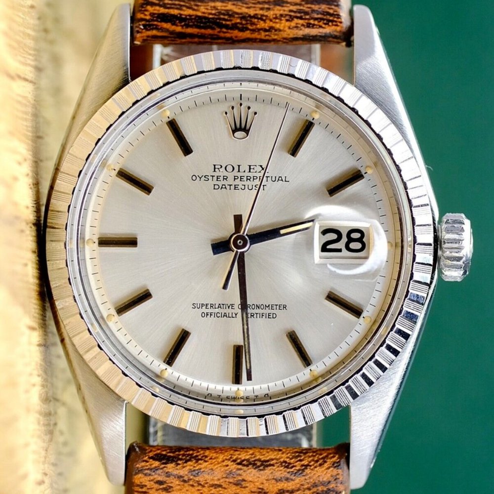 Rolex Datejust Silver Index Dial 18k White Gold Fluted Brown Leather 36 Mm 1601